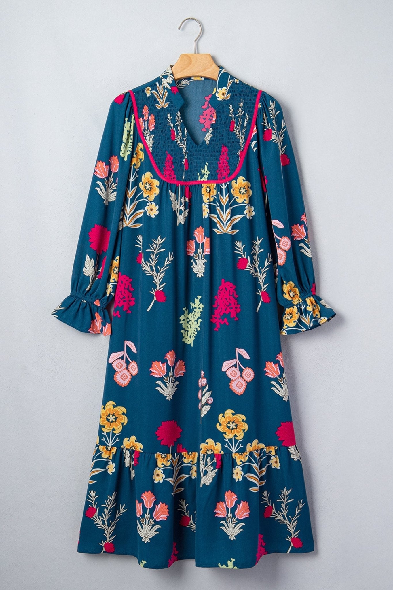 Floral Smocked 3/4 Puff Sleeve Midi Dress - Rooted & Reckless Co.