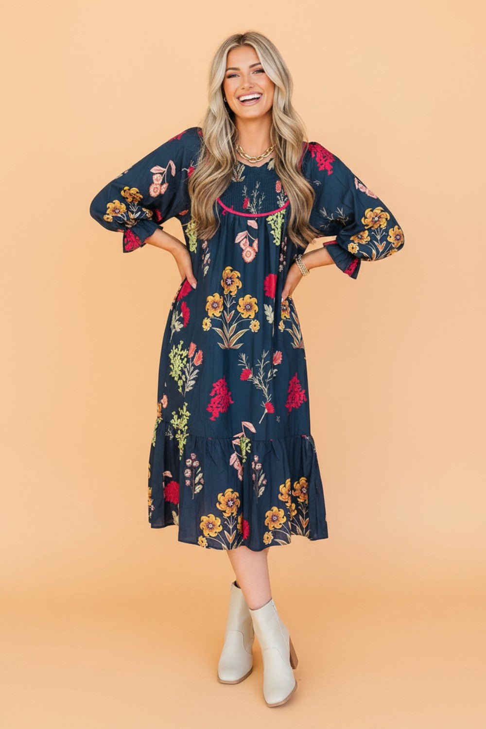 Floral Smocked 3/4 Puff Sleeve Midi Dress - Rooted & Reckless Co.