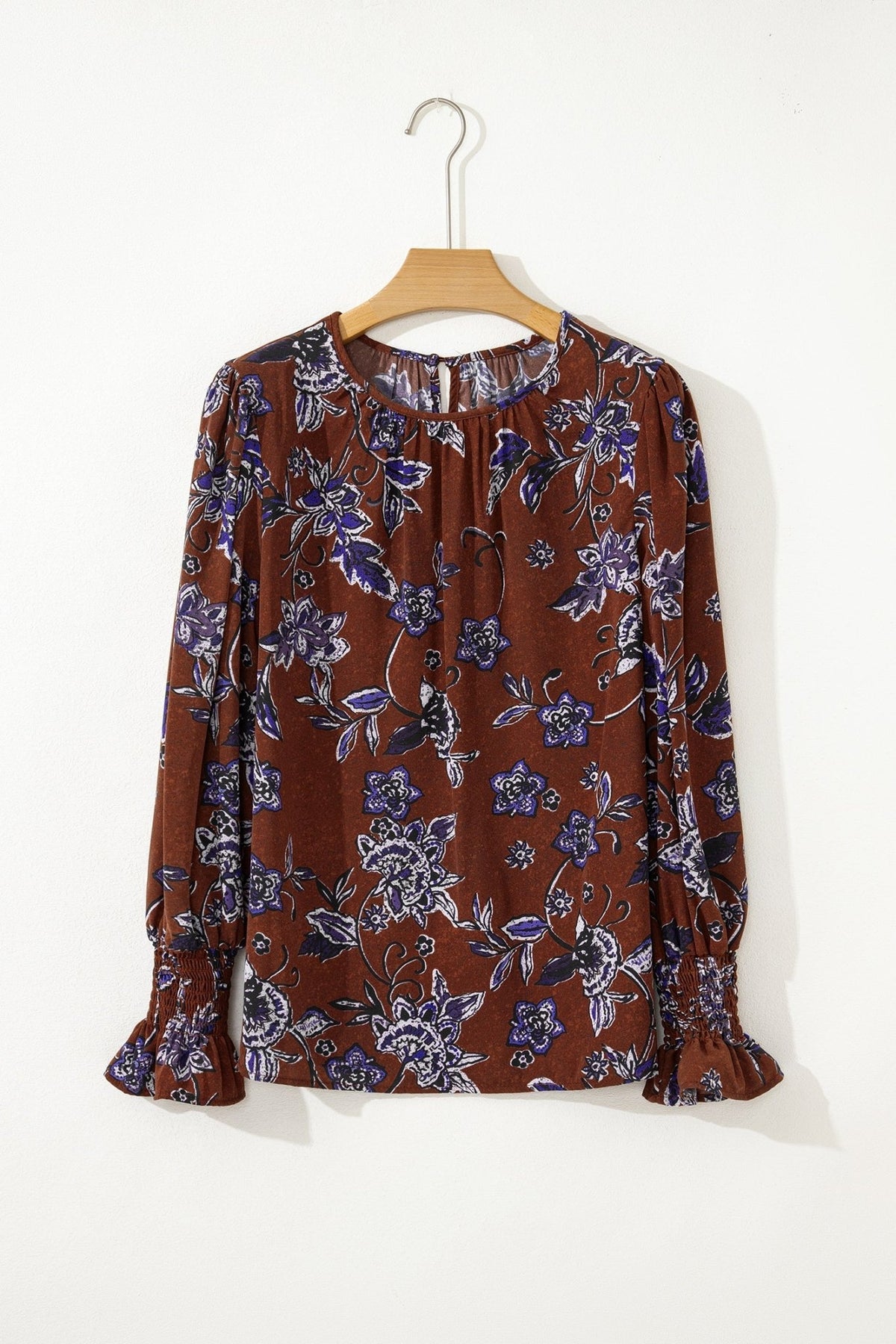 Floral Smocked Cuff Long Sleeve Blouse - Rooted & Reckless Co.