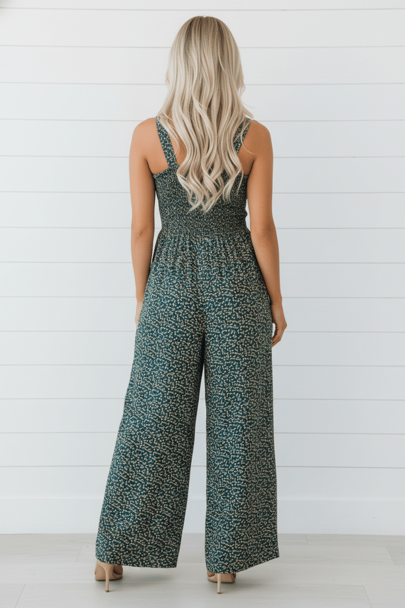 Floral Smocked High Waist Square Neck Jumpsuit - Rooted & Reckless Co.