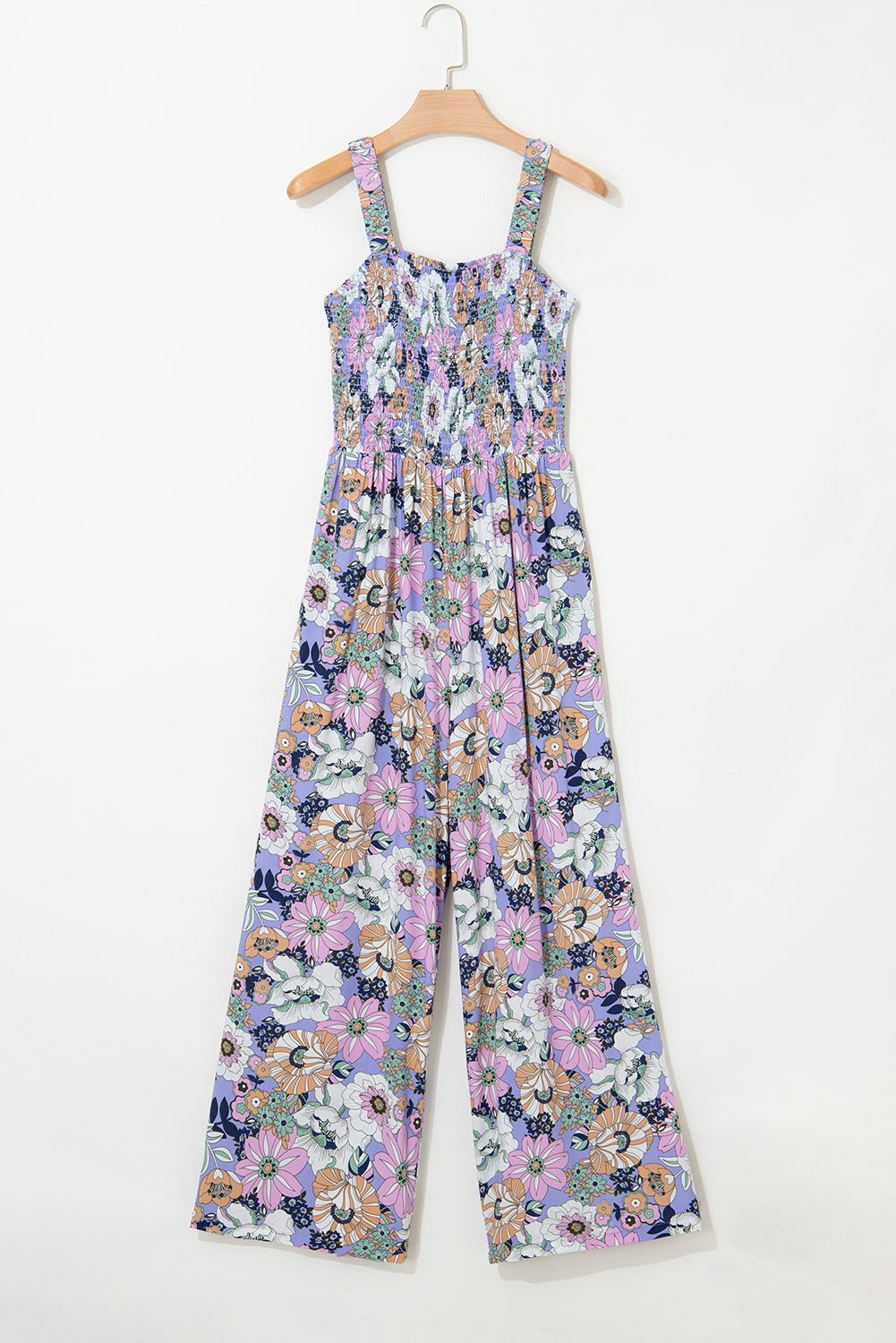 Floral Smocked High Waist Square Neck Jumpsuit - Rooted & Reckless Co.