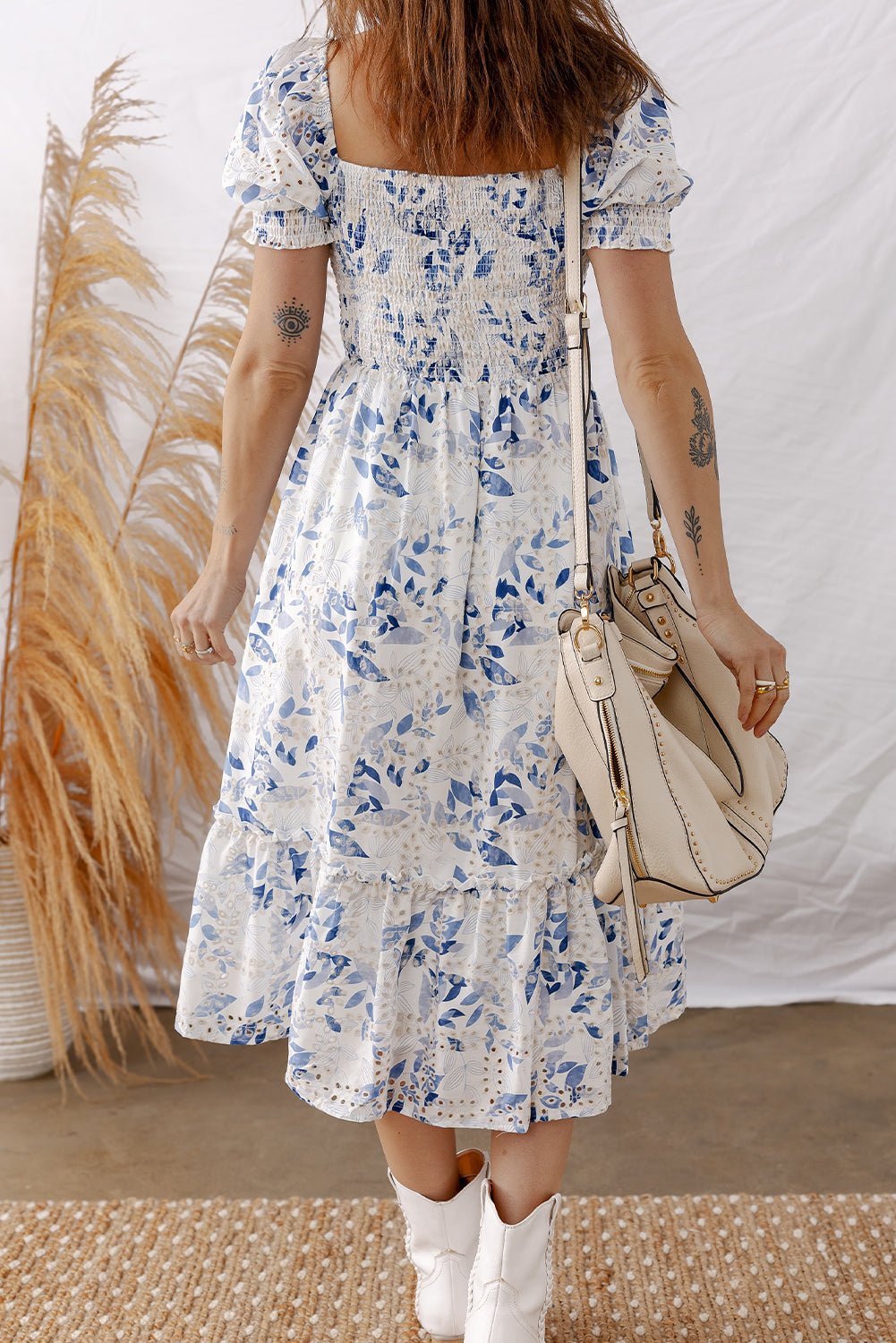 Floral Smocked Puff Sleeve Tiered Midi Dress - Rooted & Reckless Co.