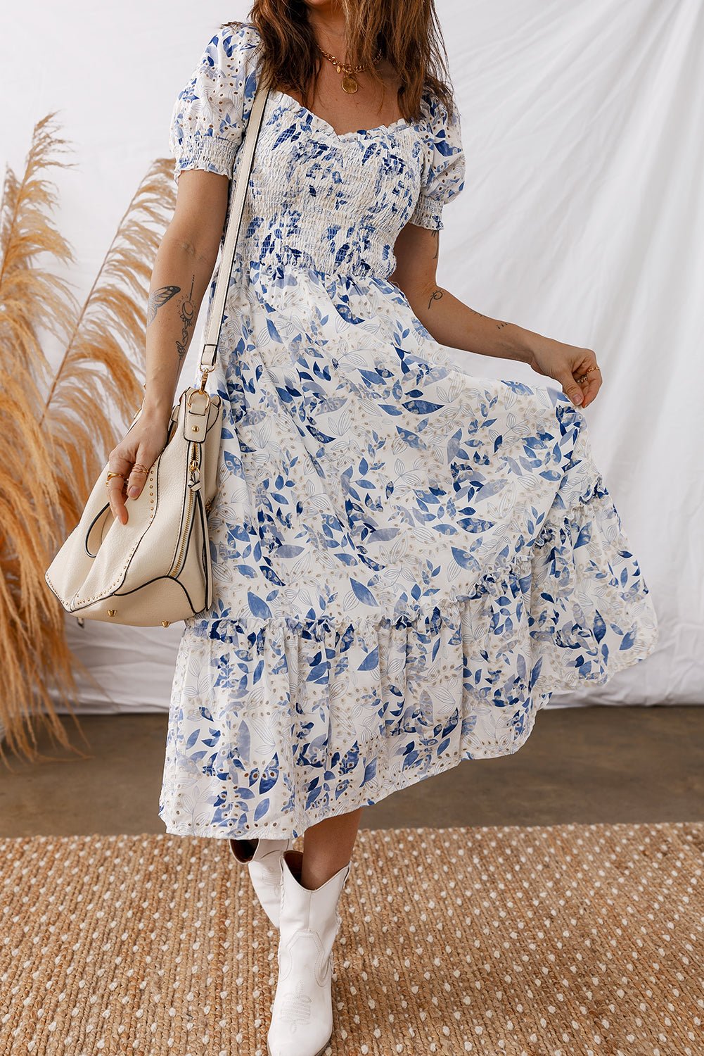 Floral Smocked Puff Sleeve Tiered Midi Dress - Rooted & Reckless Co.