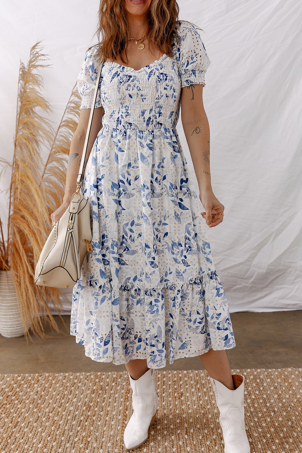 Floral Smocked Puff Sleeve Tiered Midi Dress - Rooted & Reckless Co.