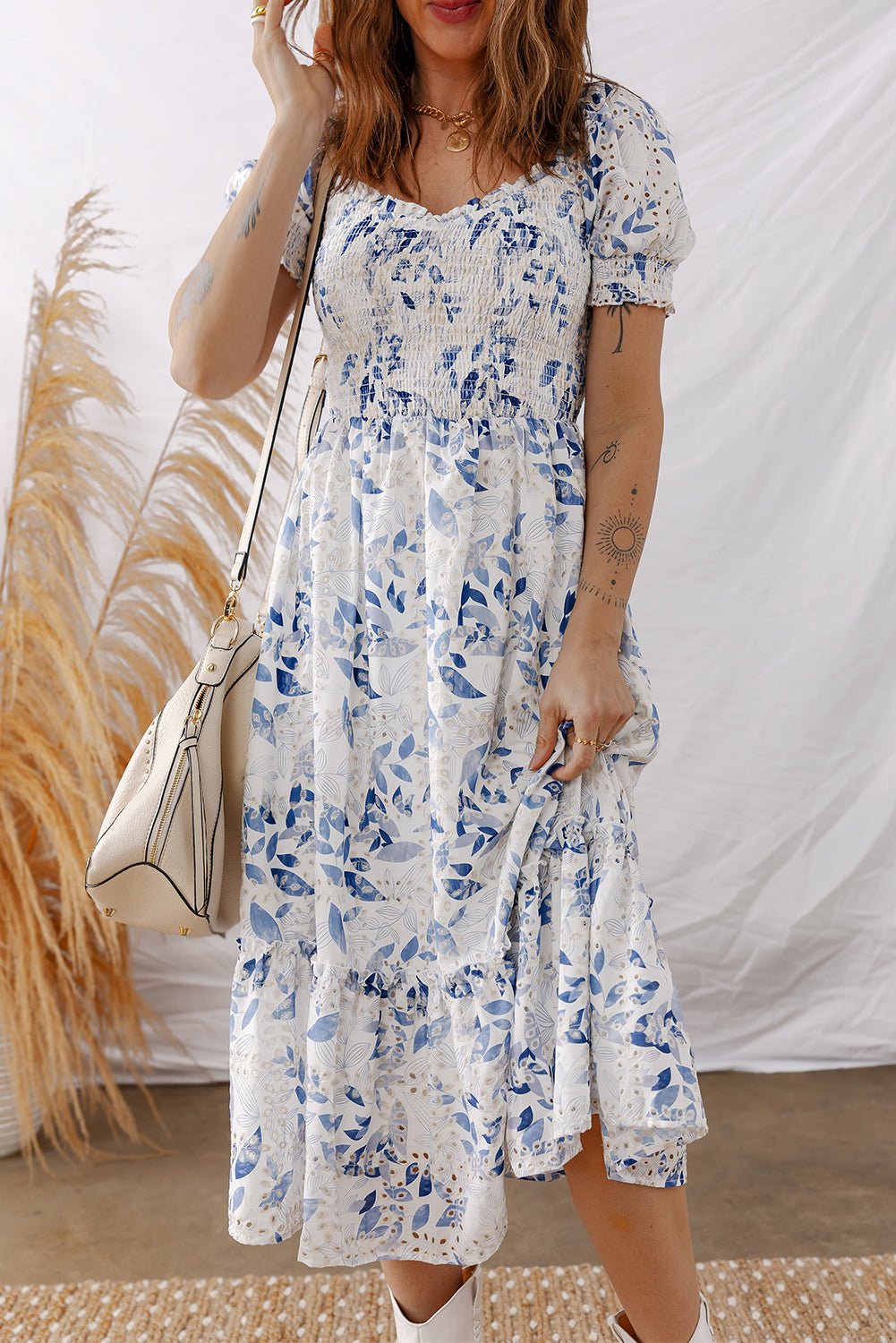 Floral Smocked Puff Sleeve Tiered Midi Dress - Rooted & Reckless Co.