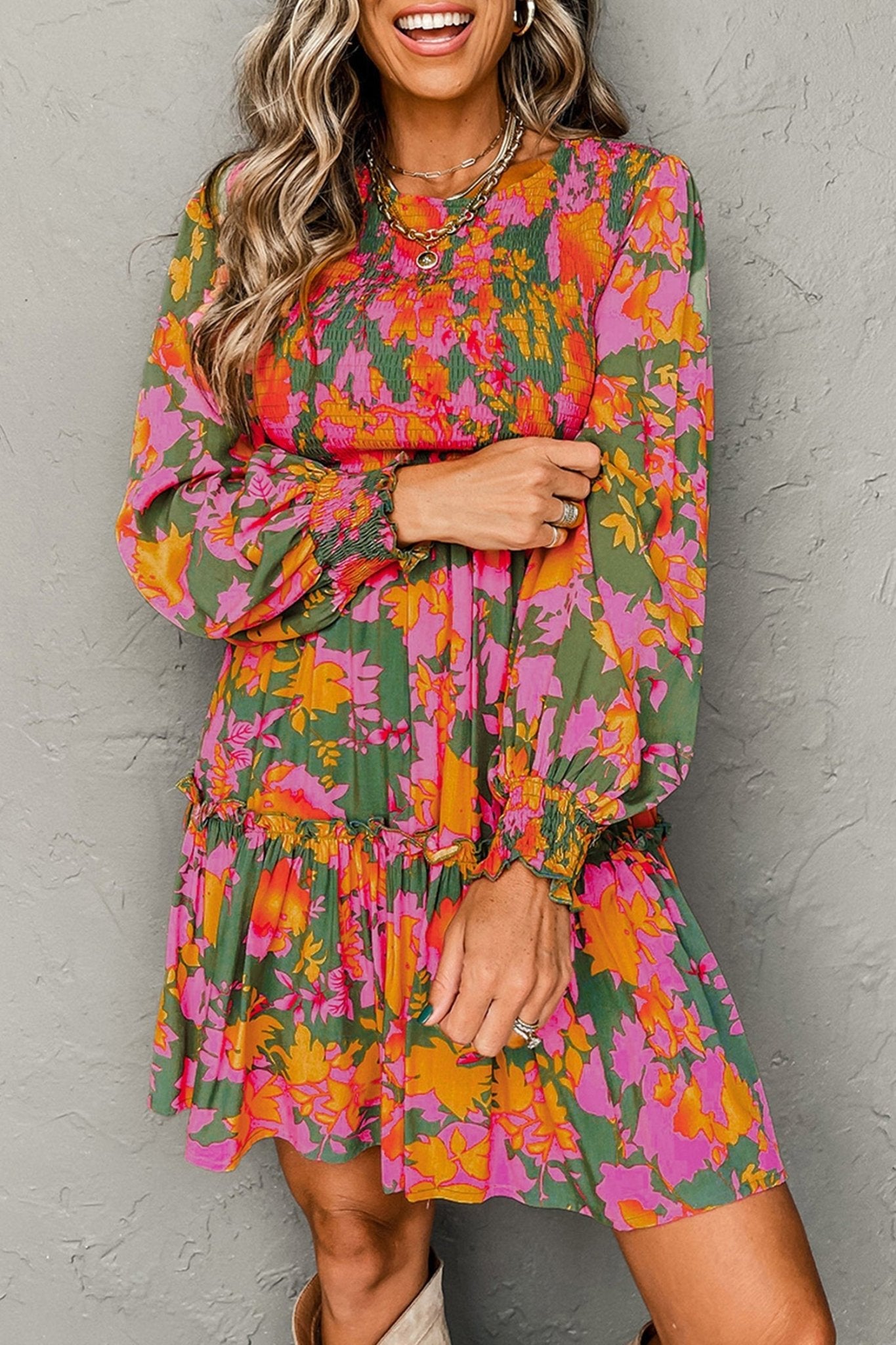 Floral Smocked Ruffle Hem Long Sleeve Mini Dress - Rooted & Reckless Co.