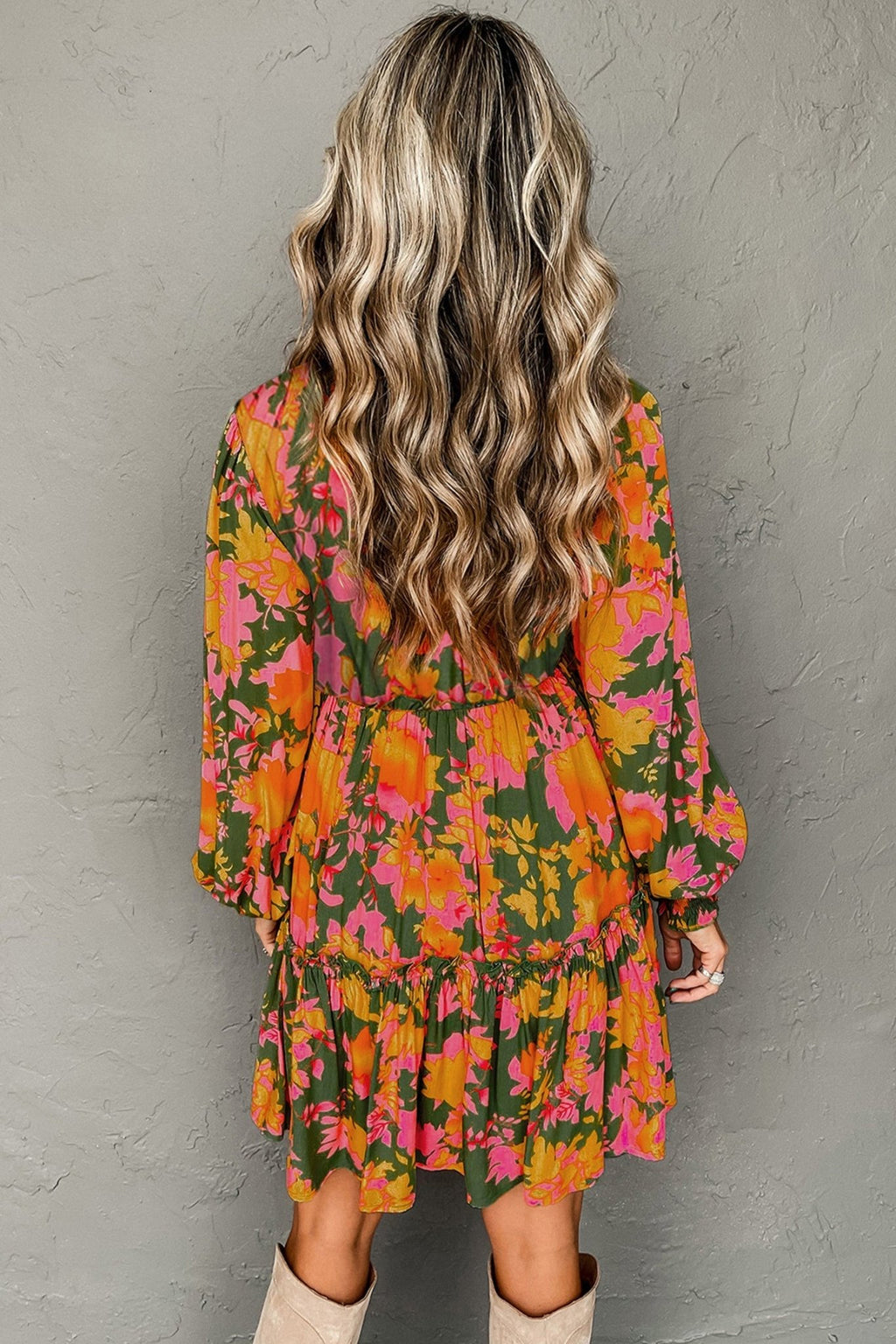 Floral Smocked Ruffle Hem Long Sleeve Mini Dress - Rooted & Reckless Co.