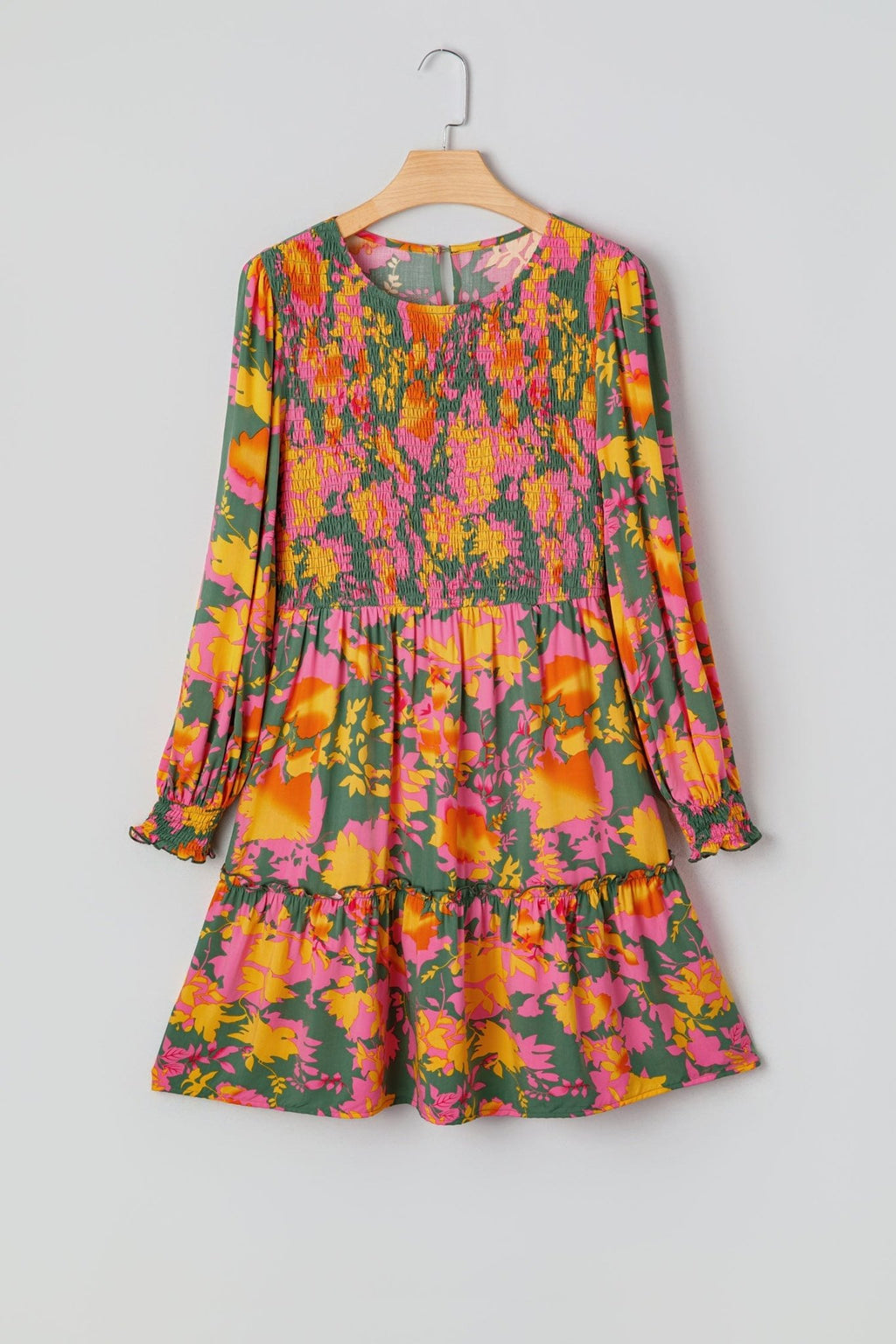 Floral Smocked Ruffle Hem Long Sleeve Mini Dress - Rooted & Reckless Co.