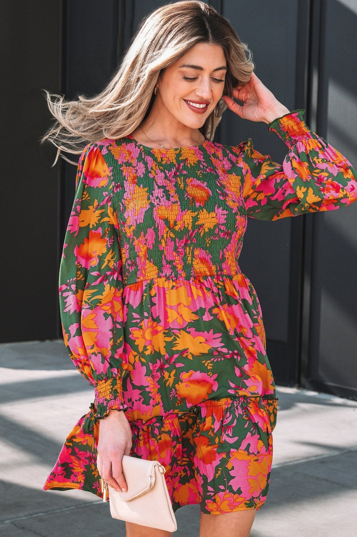 Floral Smocked Ruffle Hem Long Sleeve Mini Dress - Rooted & Reckless Co.