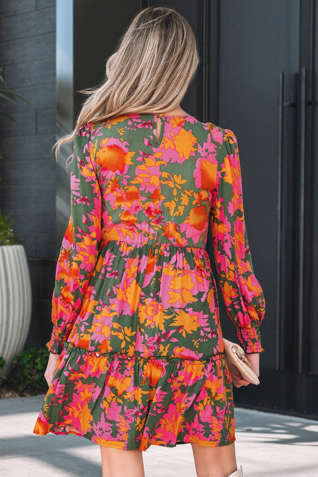 Floral Smocked Ruffle Hem Long Sleeve Mini Dress - Rooted & Reckless Co.