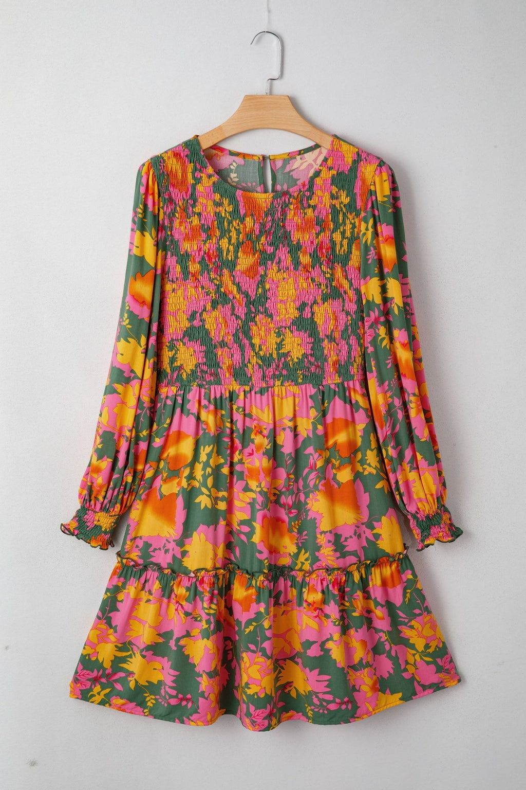 Floral Smocked Ruffle Hem Long Sleeve Mini Dress - Rooted & Reckless Co.