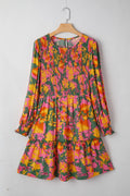 Floral Smocked Ruffle Hem Long Sleeve Mini Dress - Rooted & Reckless Co.