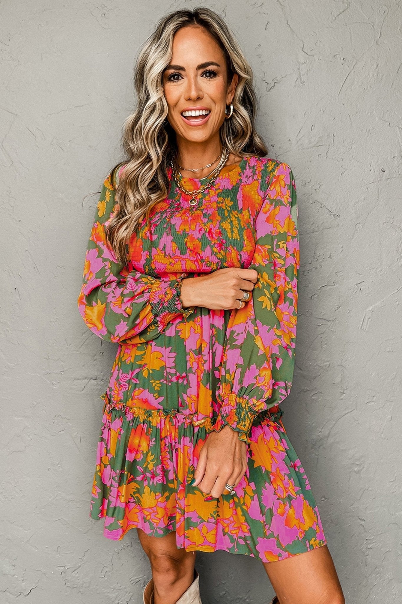 Floral Smocked Ruffle Hem Long Sleeve Mini Dress - Rooted & Reckless Co.