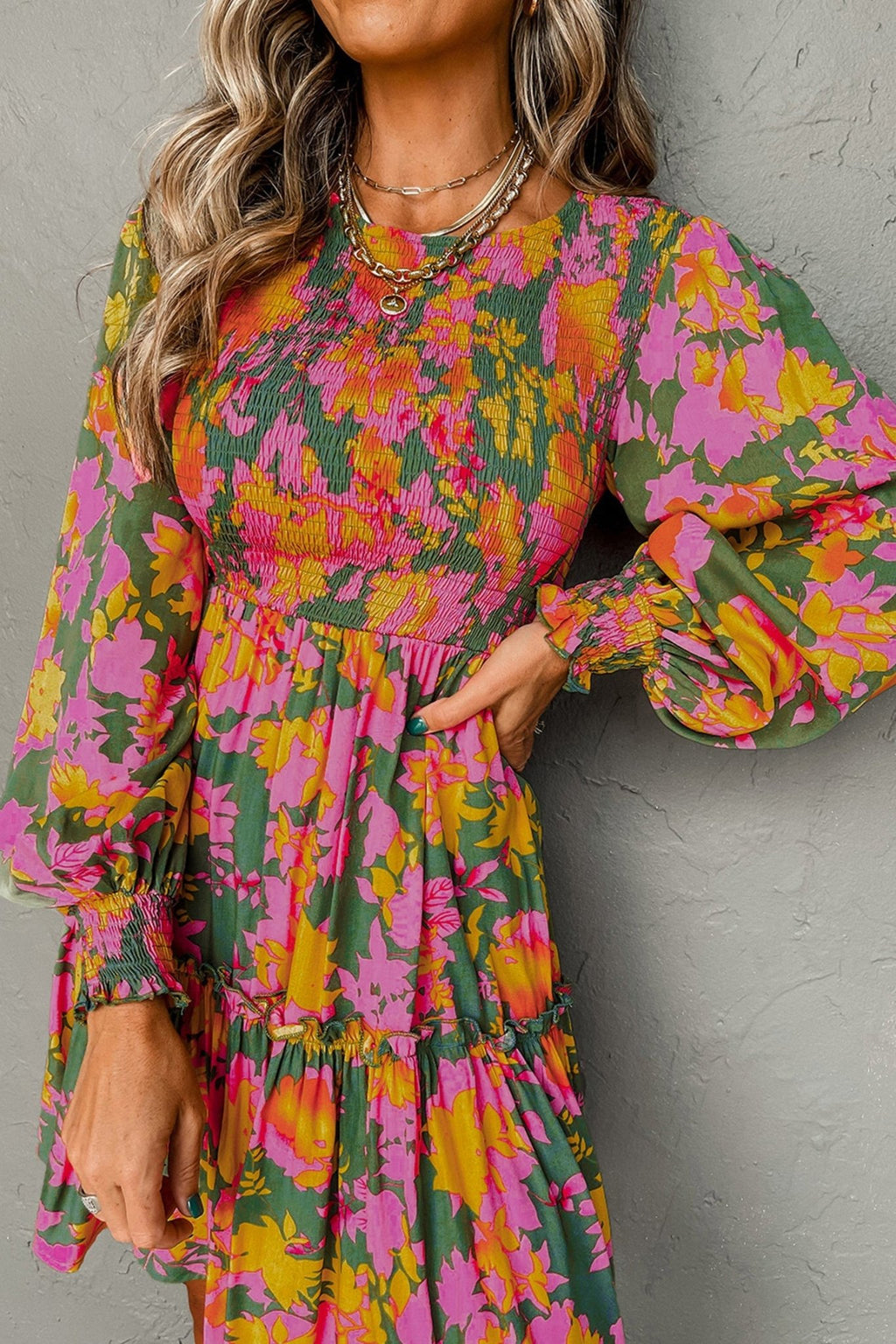 Floral Smocked Ruffle Hem Long Sleeve Mini Dress - Rooted & Reckless Co.
