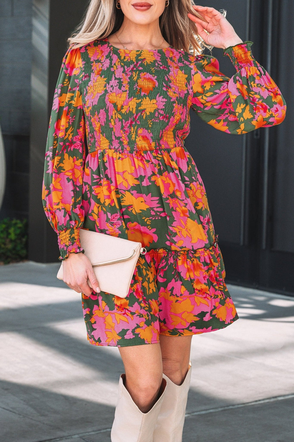 Floral Smocked Ruffle Hem Long Sleeve Mini Dress - Rooted & Reckless Co.