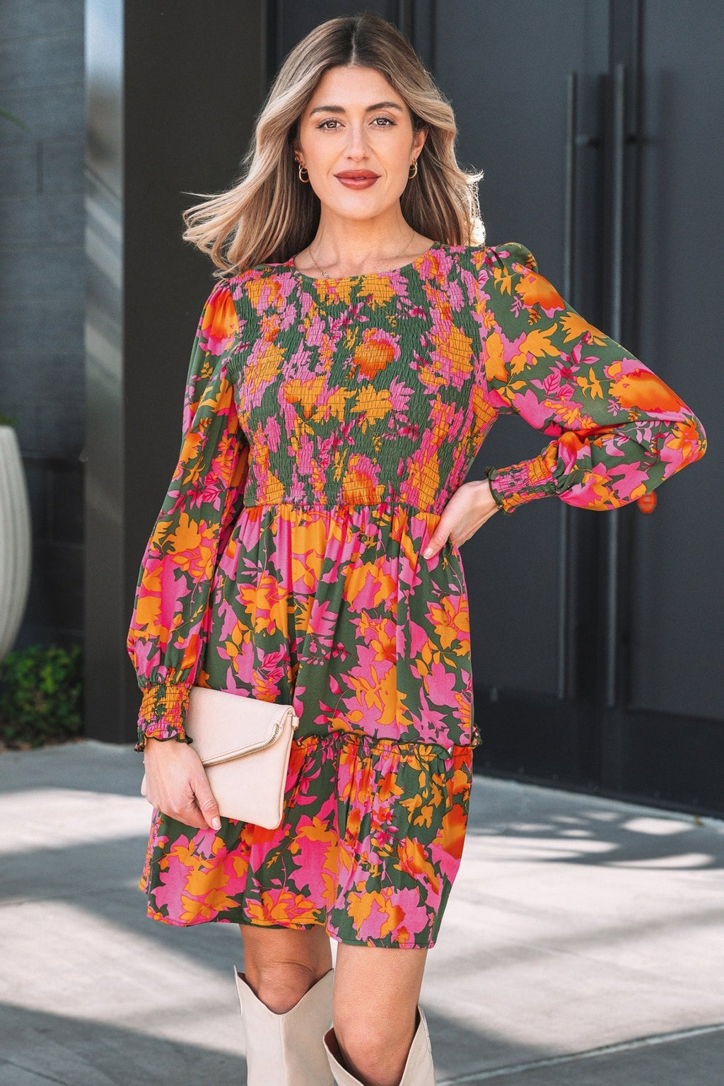 Floral Smocked Ruffle Hem Long Sleeve Mini Dress - Rooted & Reckless Co.