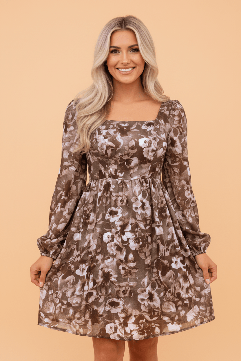 Floral Smocked Square Neck Long Sleeve Mini Dress - Rooted & Reckless Co.