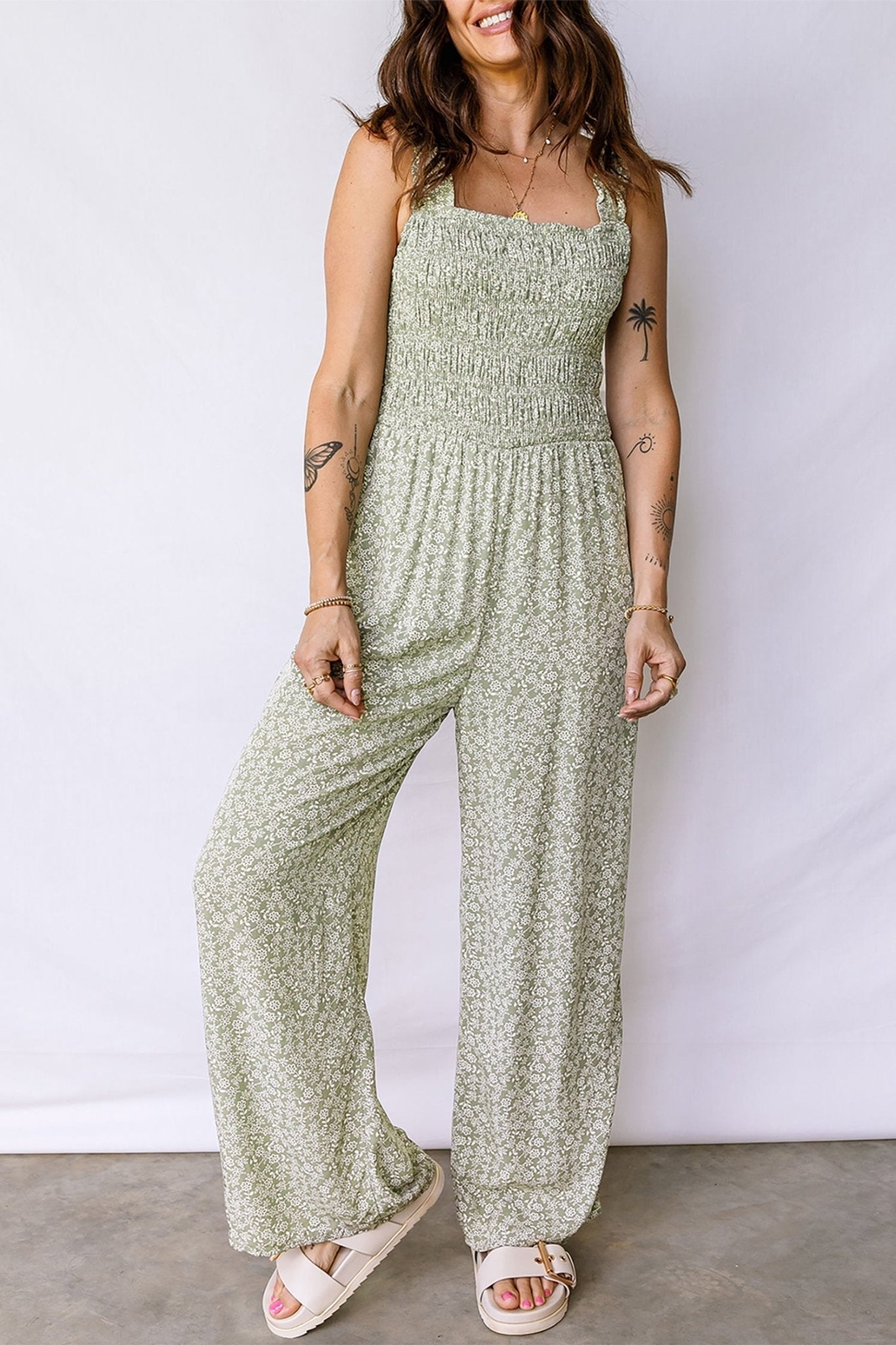 Floral Smocked Square Neck Sleeveless Jumpsuit - Rooted & Reckless Co.