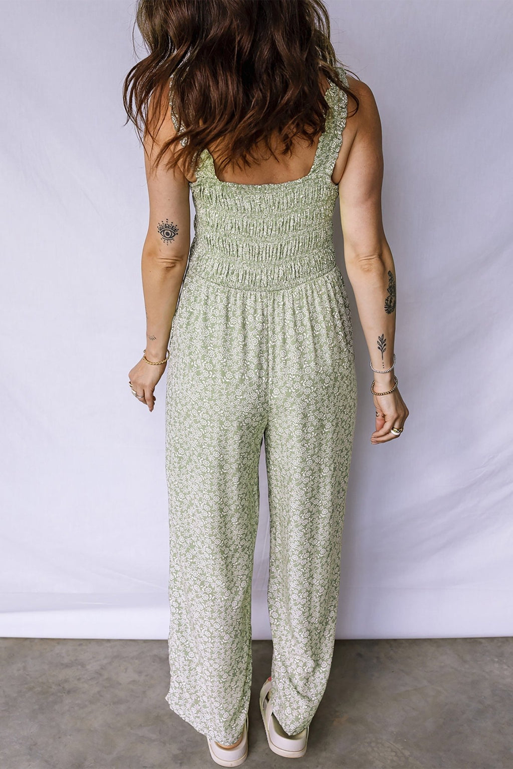 Floral Smocked Square Neck Sleeveless Jumpsuit - Rooted & Reckless Co.