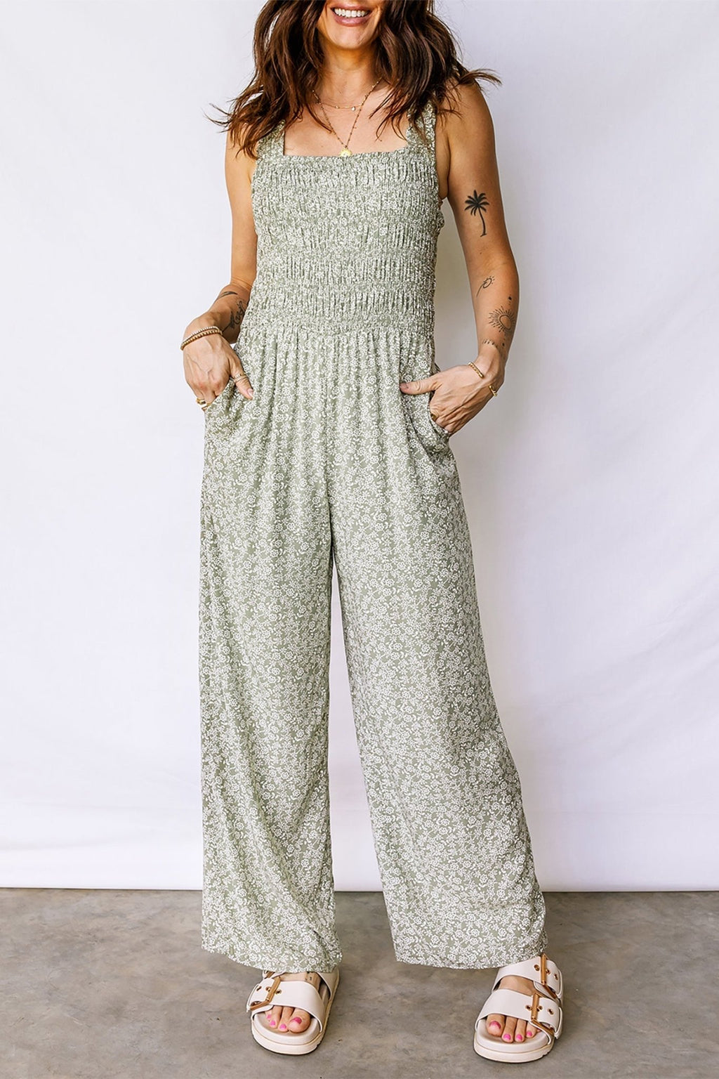 Floral Smocked Square Neck Sleeveless Jumpsuit - Rooted & Reckless Co.