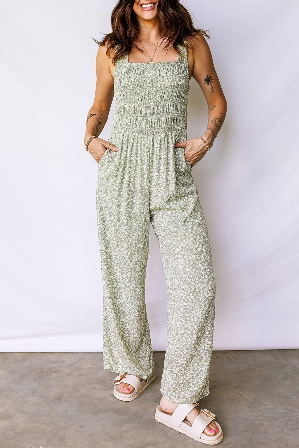 Floral Smocked Square Neck Sleeveless Jumpsuit - Rooted & Reckless Co.