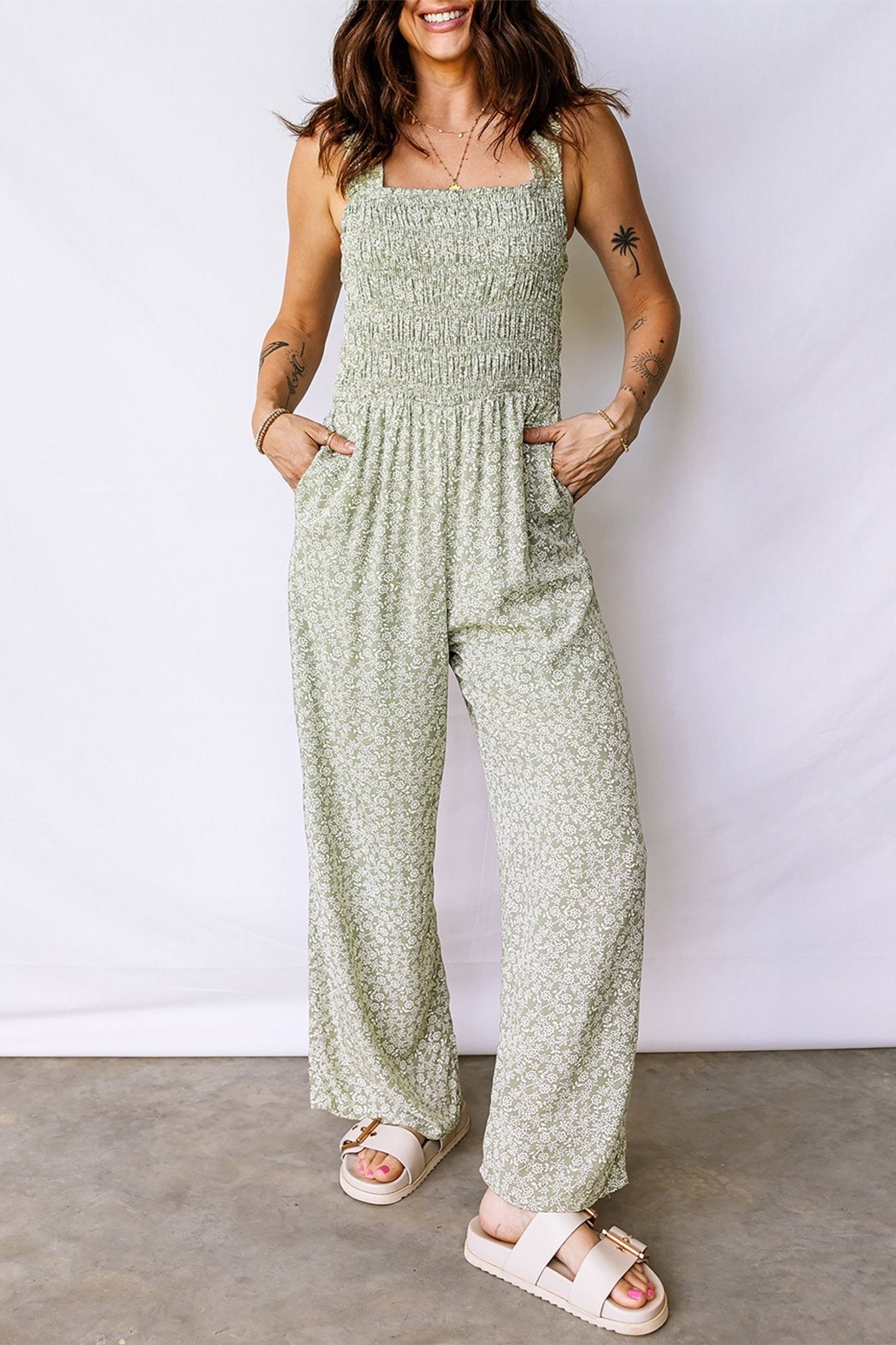 Floral Smocked Square Neck Sleeveless Jumpsuit - Rooted & Reckless Co.
