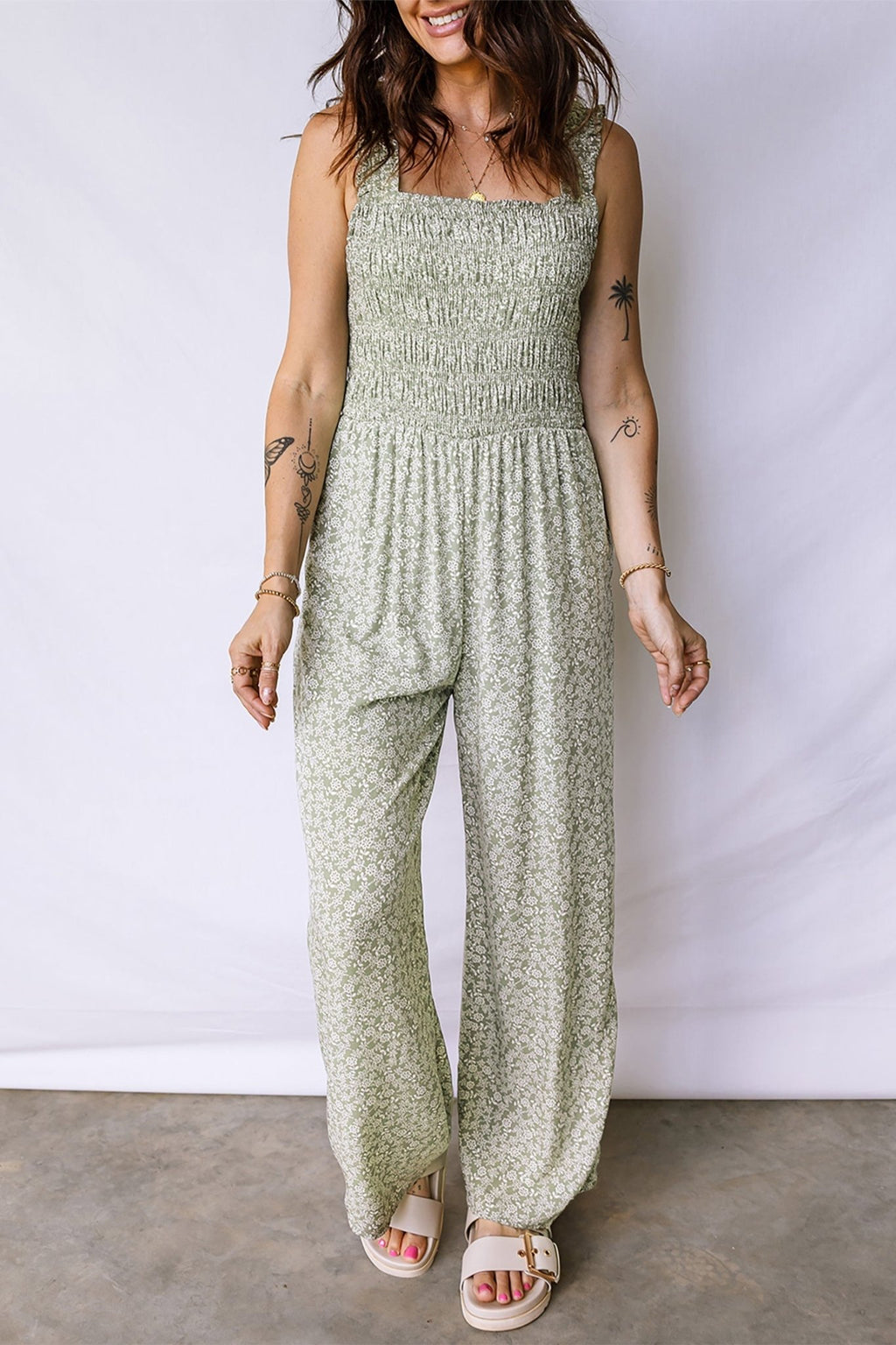 Floral Smocked Square Neck Sleeveless Jumpsuit - Rooted & Reckless Co.