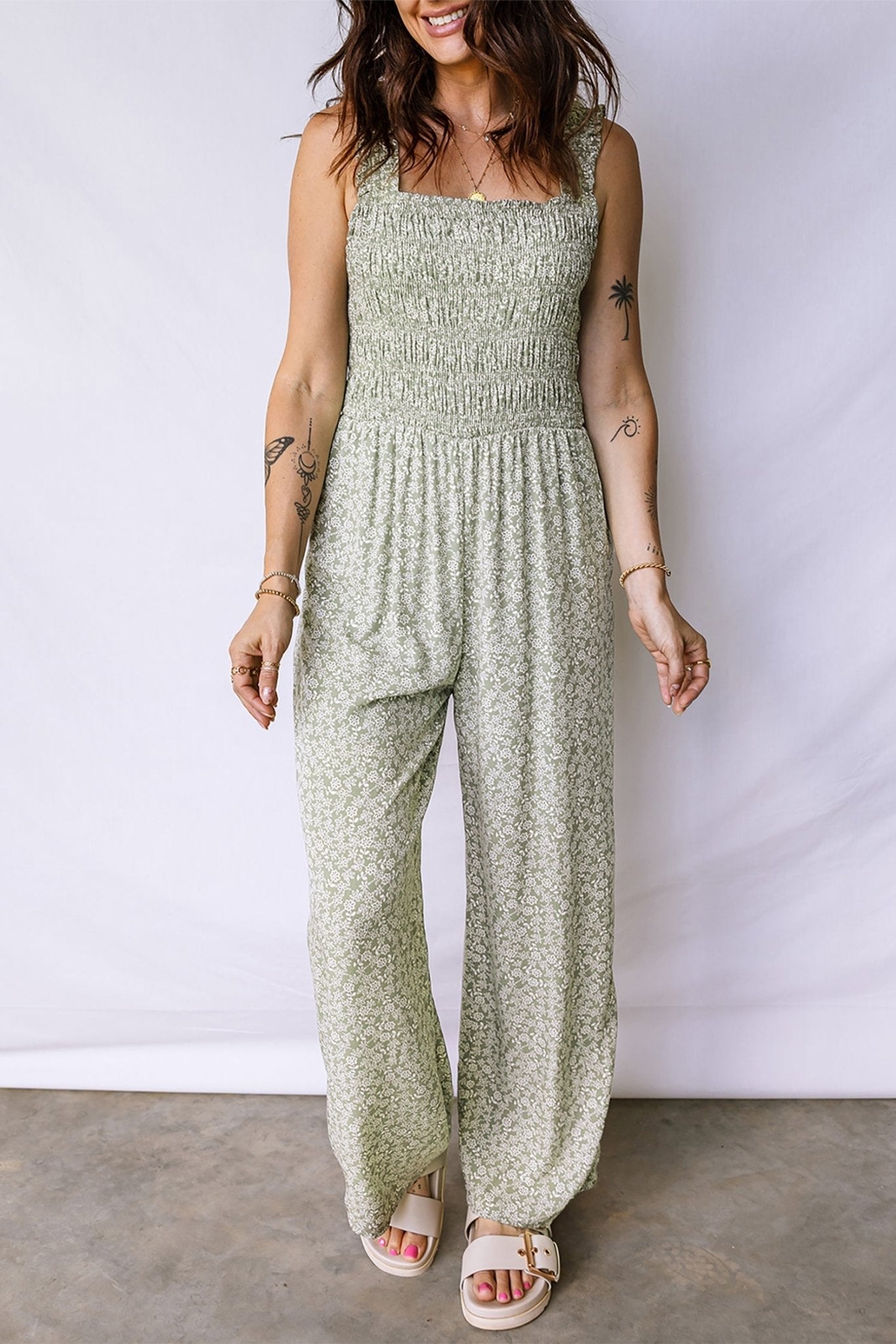 Floral Smocked Square Neck Sleeveless Jumpsuit - Rooted & Reckless Co.