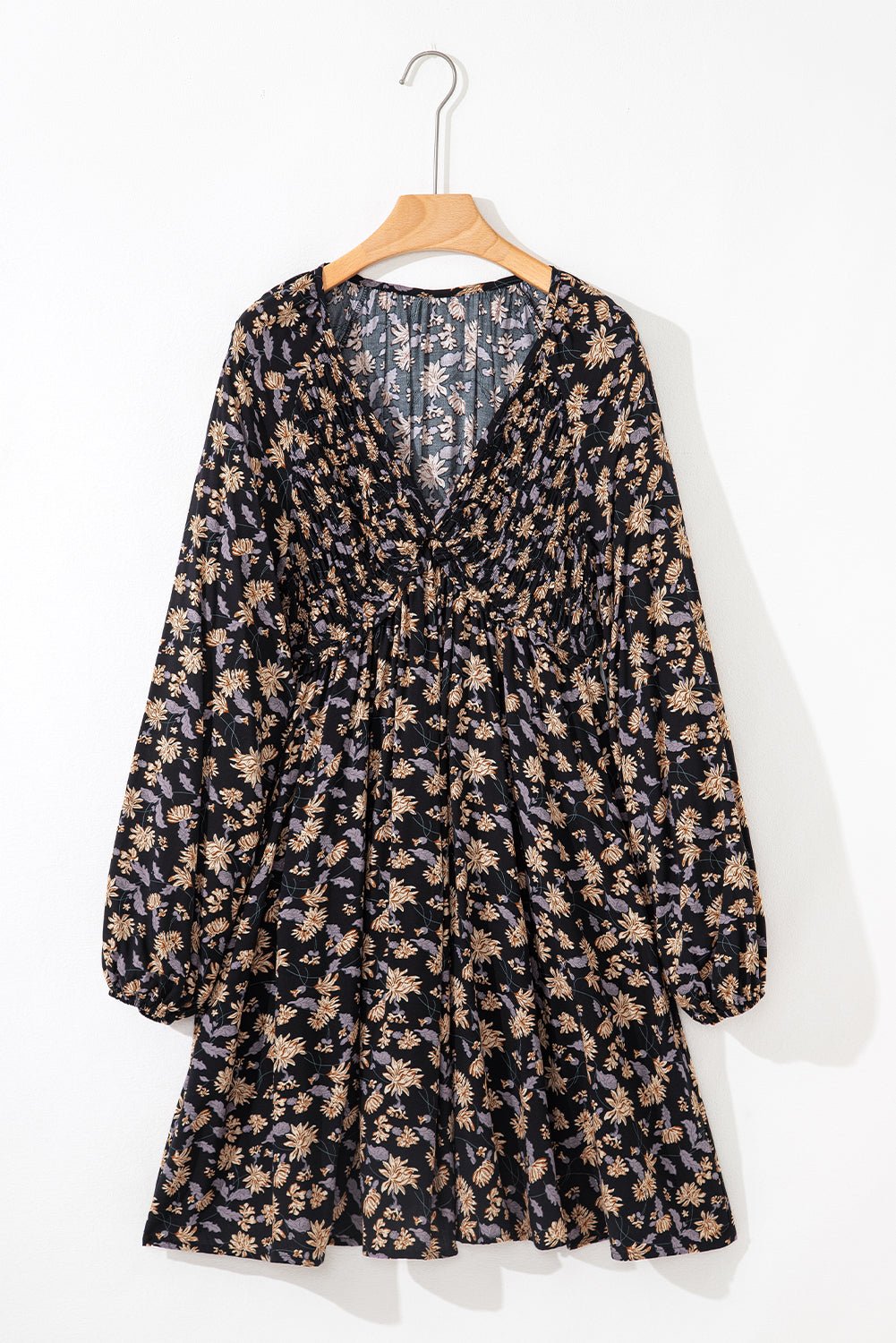Floral Smocked V-Neck Bubble Sleeve Babydoll Dress - Rooted & Reckless Co.