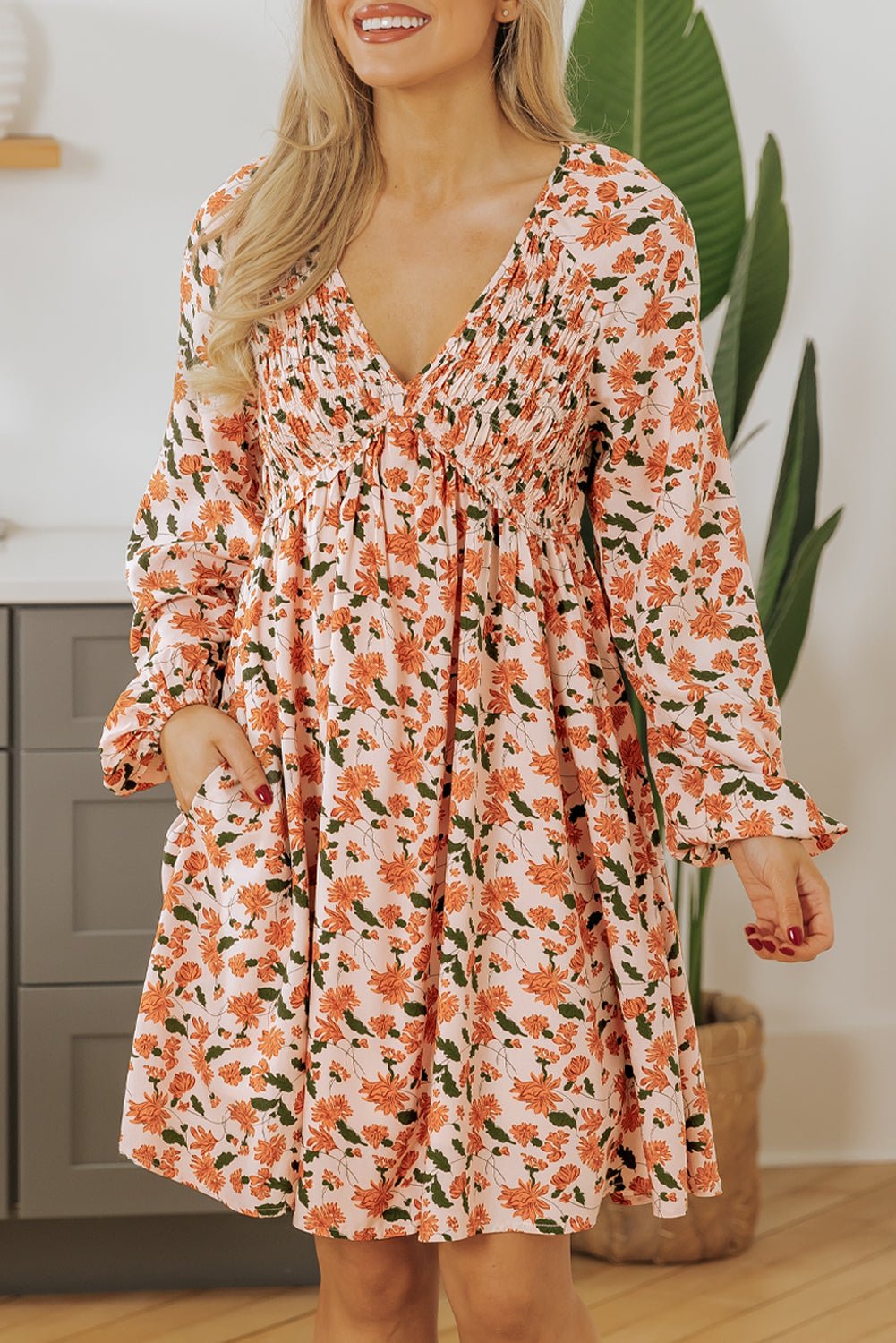 Floral Smocked V-Neck Bubble Sleeve Babydoll Dress - Rooted & Reckless Co.
