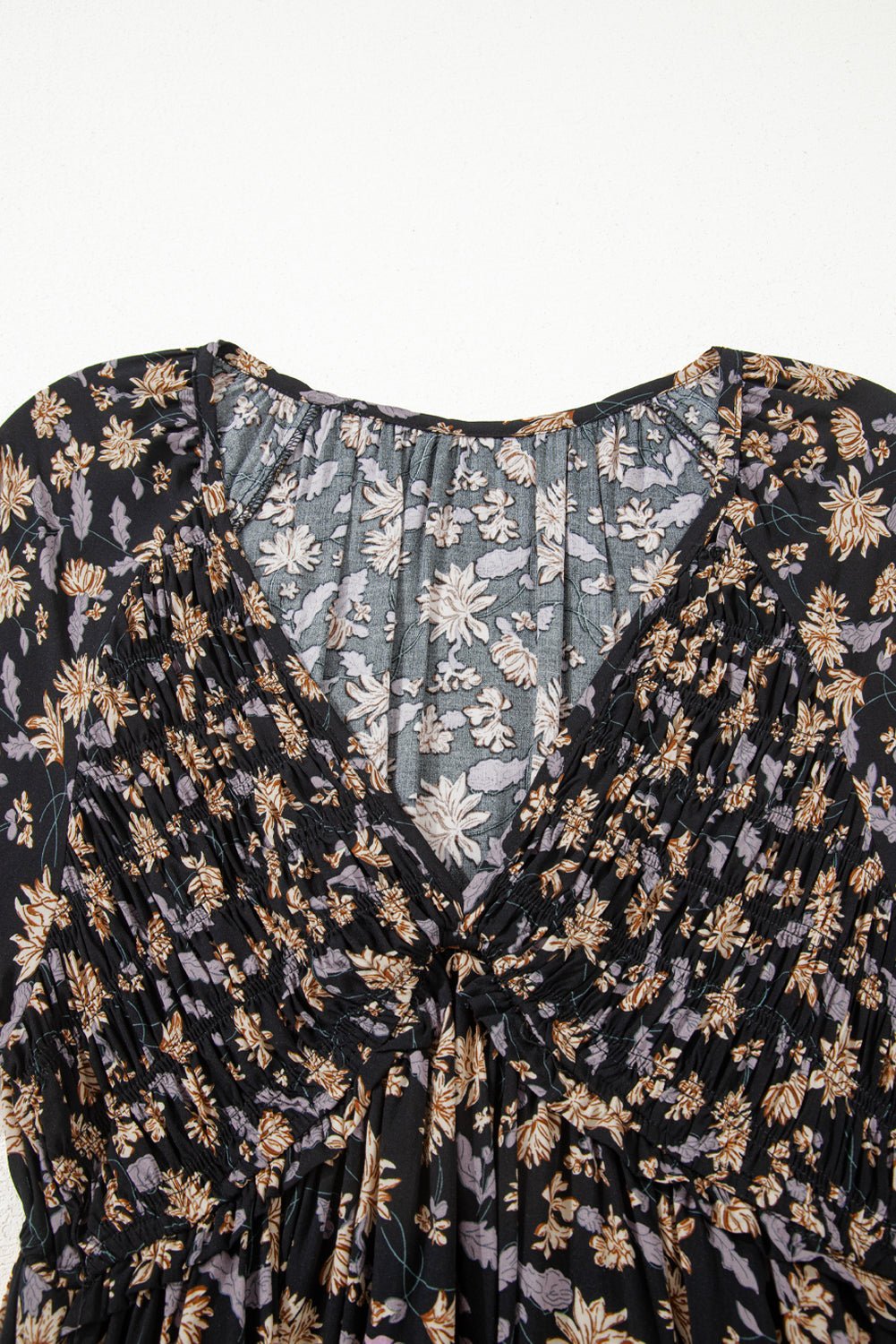 Floral Smocked V-Neck Bubble Sleeve Babydoll Dress - Rooted & Reckless Co.