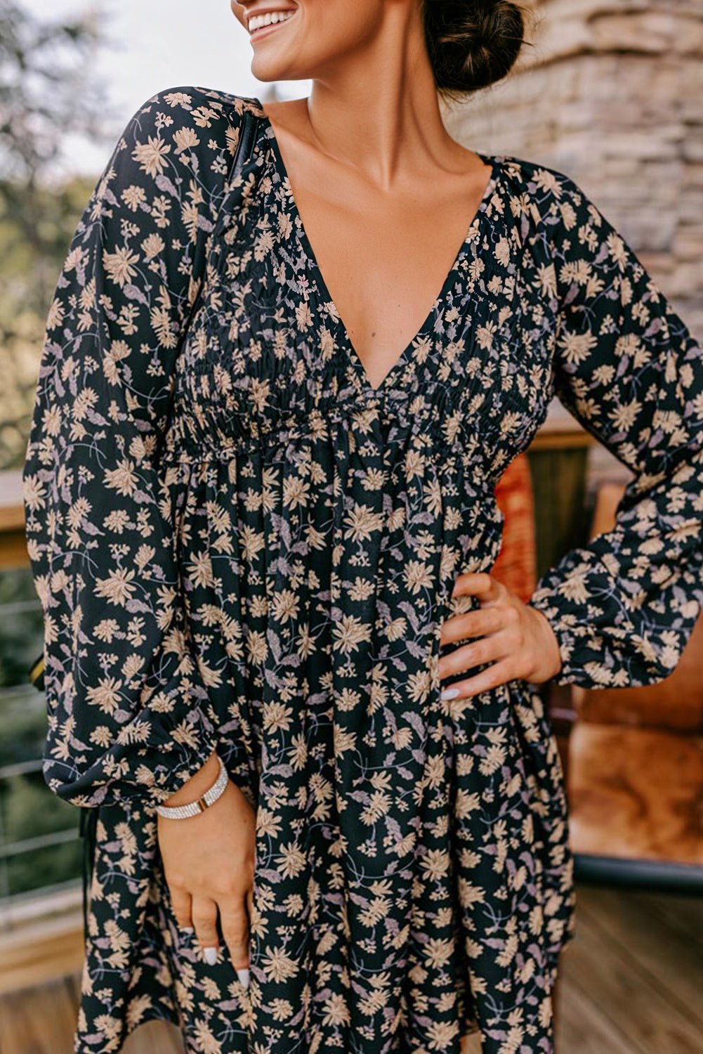 Floral Smocked V-Neck Bubble Sleeve Babydoll Dress - Rooted & Reckless Co.