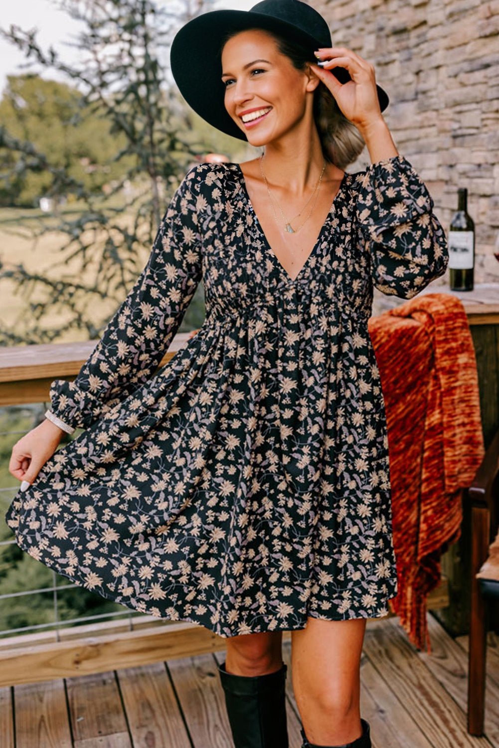 Floral Smocked V-Neck Bubble Sleeve Babydoll Dress - Rooted & Reckless Co.