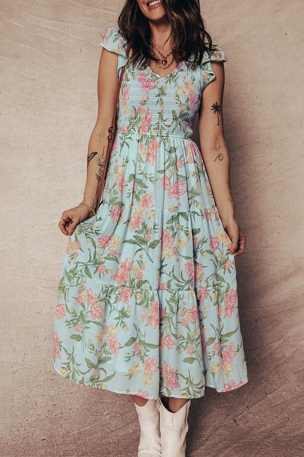 Floral Smocked V-Neck Ruffle Tiered Maxi Dress - Rooted & Reckless Co.