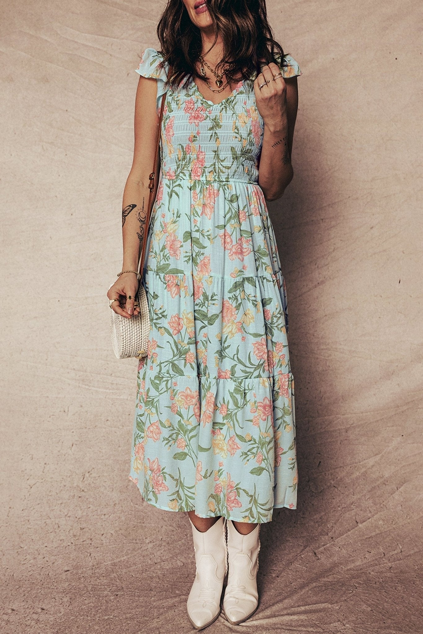 Floral Smocked V-Neck Ruffle Tiered Maxi Dress - Rooted & Reckless Co.