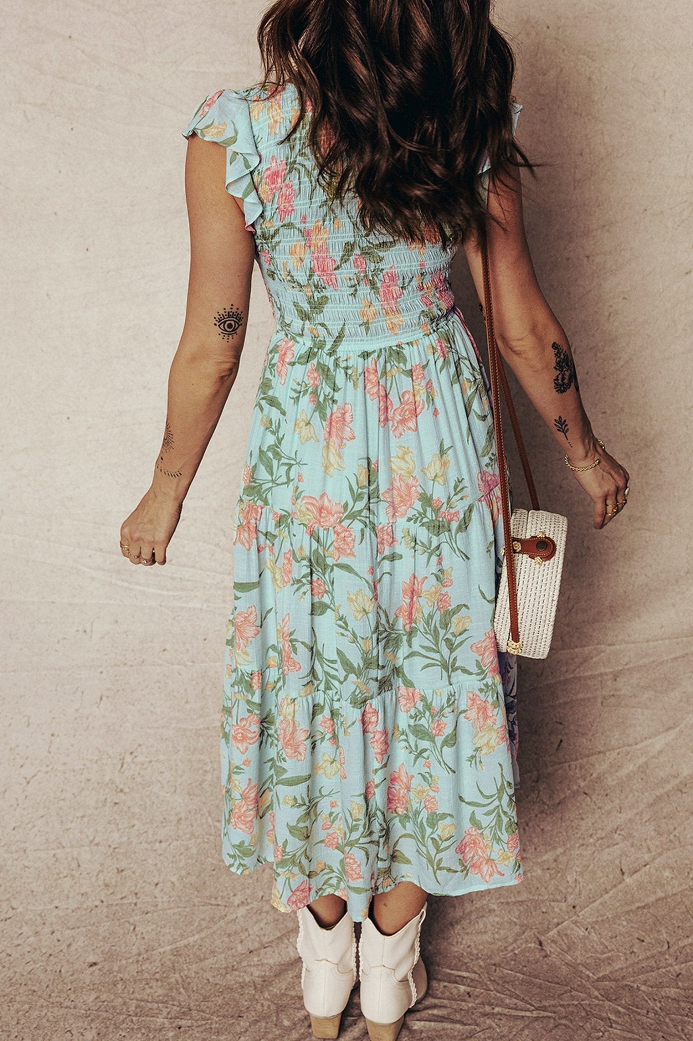 Floral Smocked V-Neck Ruffle Tiered Maxi Dress - Rooted & Reckless Co.