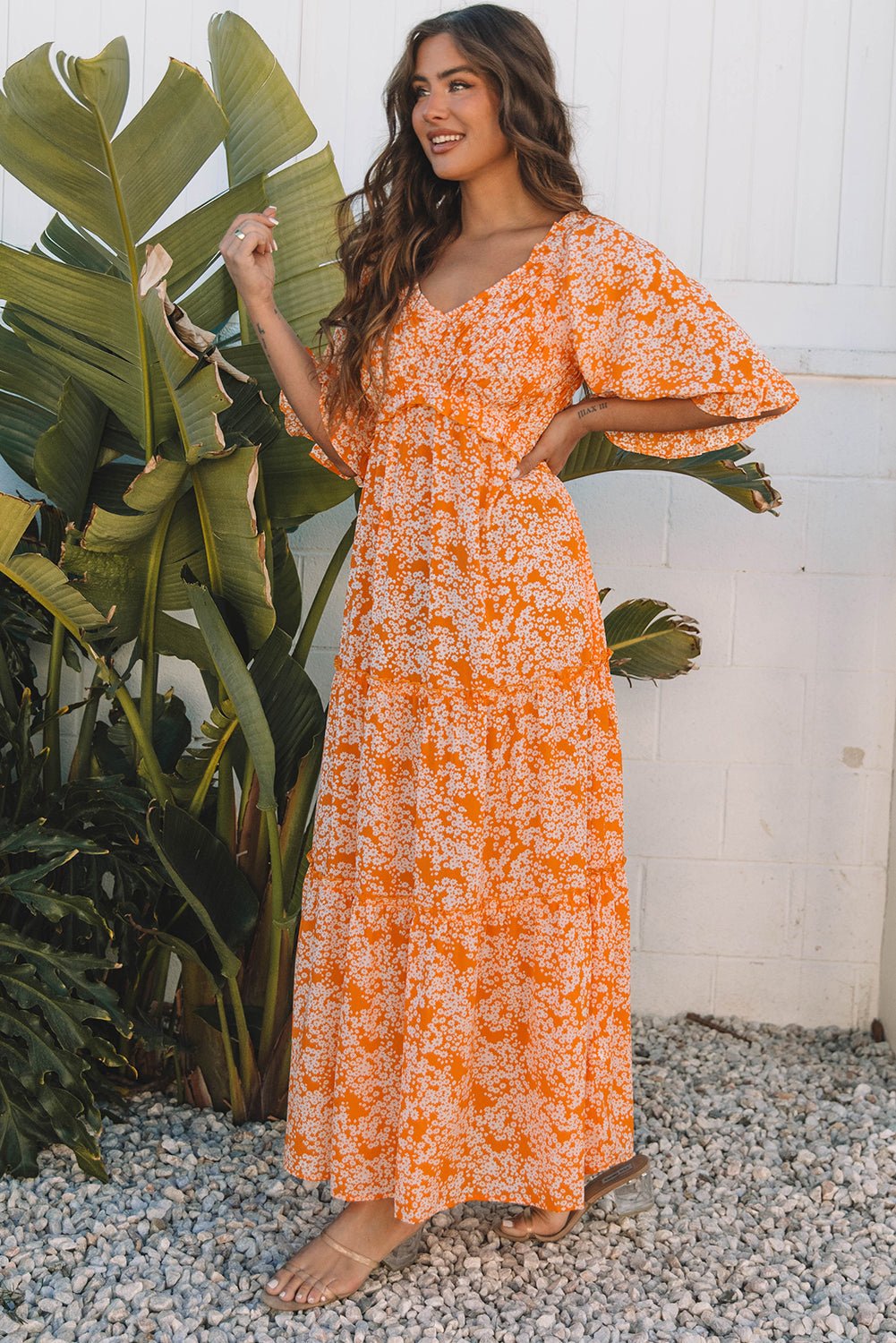 Floral Smocked V-Neck Wide Sleeve Maxi Dress - Rooted & Reckless Co.