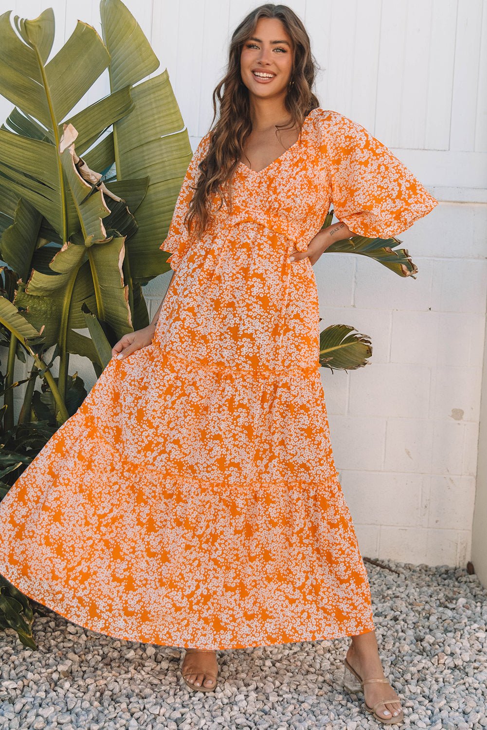 Floral Smocked V-Neck Wide Sleeve Maxi Dress - Rooted & Reckless Co.