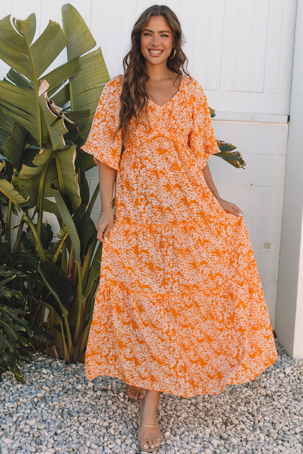 Floral Smocked V-Neck Wide Sleeve Maxi Dress - Rooted & Reckless Co.