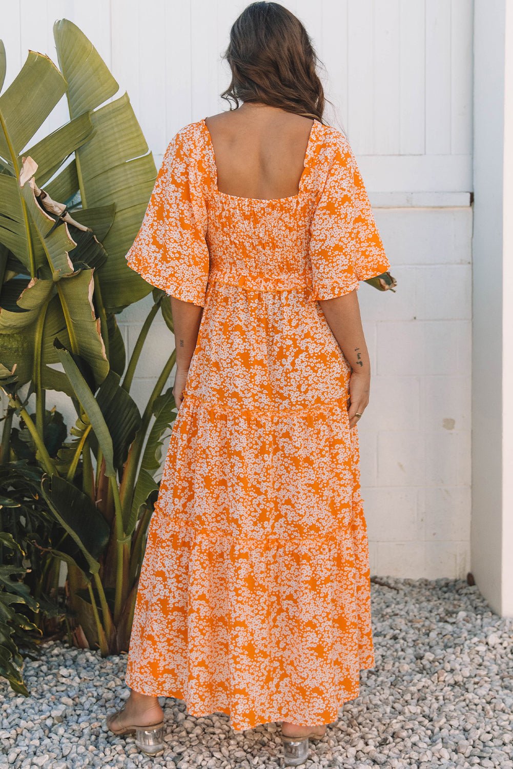 Floral Smocked V-Neck Wide Sleeve Maxi Dress - Rooted & Reckless Co.
