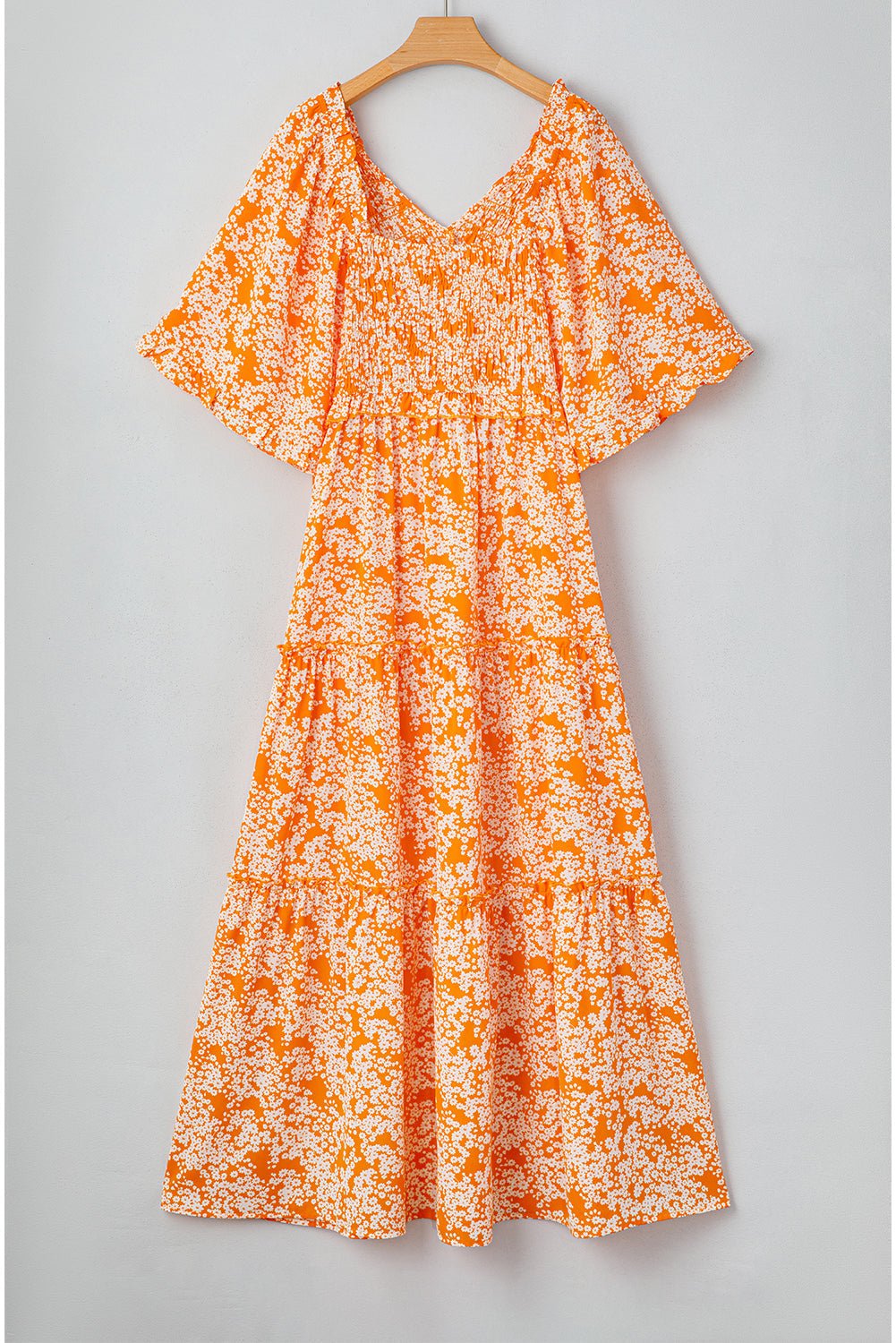 Floral Smocked V-Neck Wide Sleeve Maxi Dress - Rooted & Reckless Co.
