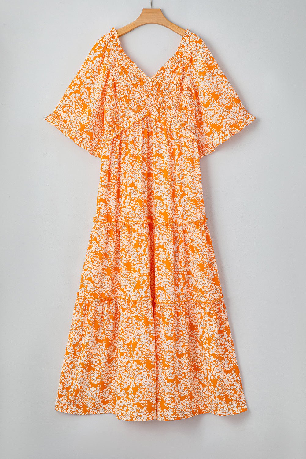 Floral Smocked V-Neck Wide Sleeve Maxi Dress - Rooted & Reckless Co.