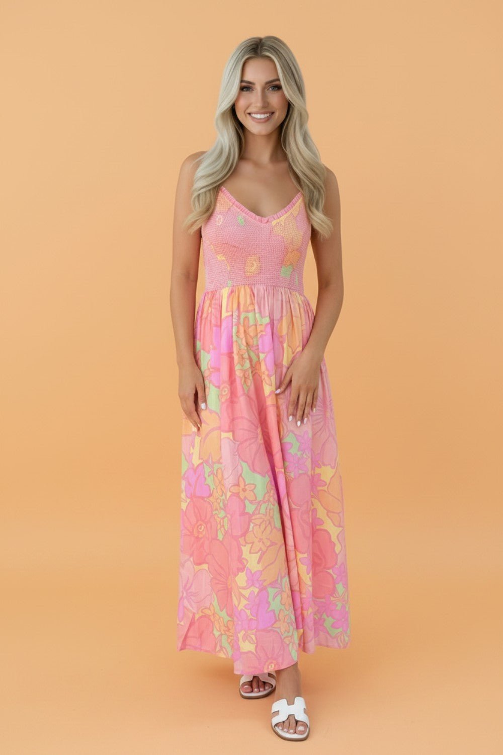 Floral Spaghetti Strap Shirred High Waist Dress - Rooted & Reckless Co.