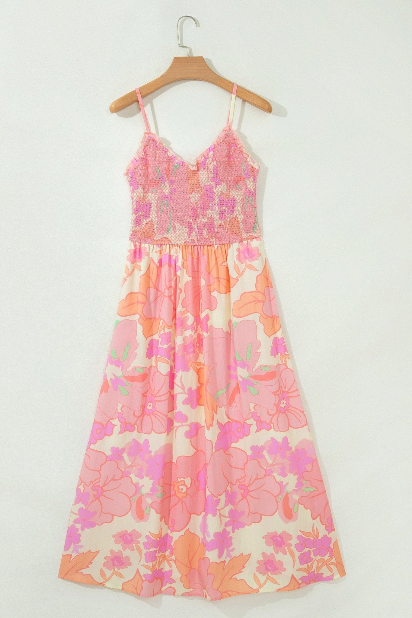 Floral Spaghetti Strap Shirred High Waist Dress - Rooted & Reckless Co.