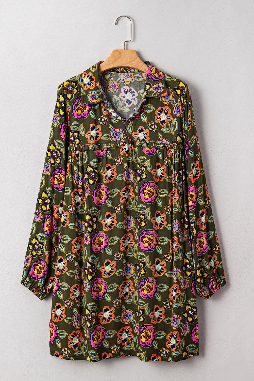 Floral Split Neck Bubble Sleeve Shift Mini Dress - Rooted & Reckless Co.