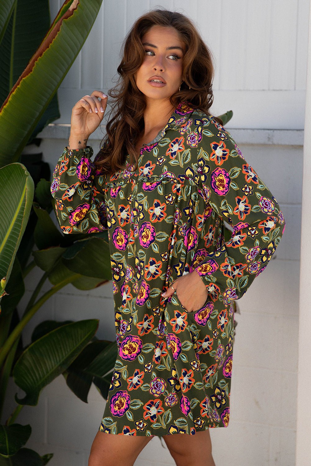 Floral Split Neck Bubble Sleeve Shift Mini Dress - Rooted & Reckless Co.