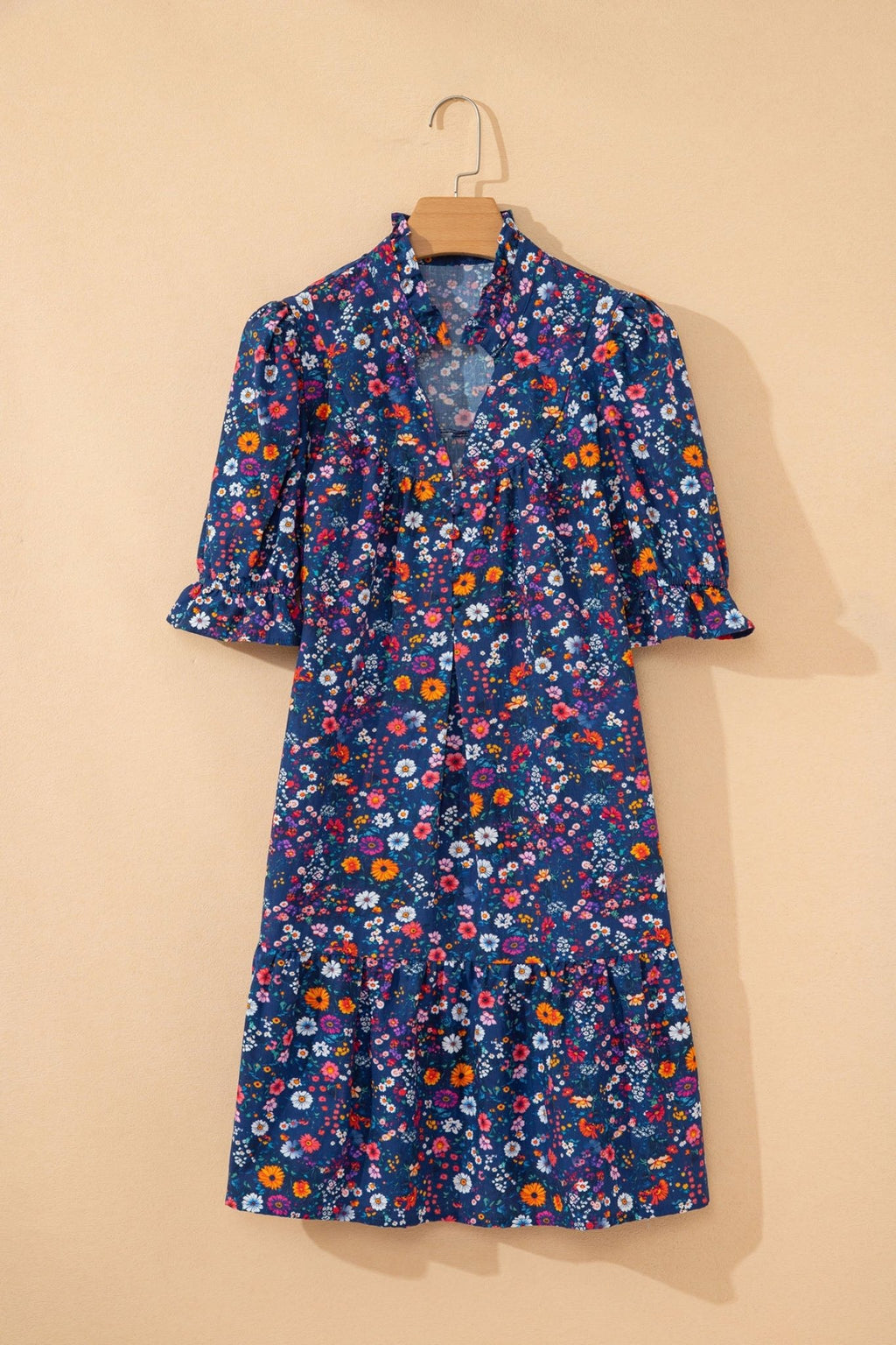 Floral Split Neck Puff Sleeve Mini Dress - Rooted & Reckless Co.