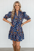 Floral Split Neck Puff Sleeve Mini Dress - Rooted & Reckless Co.