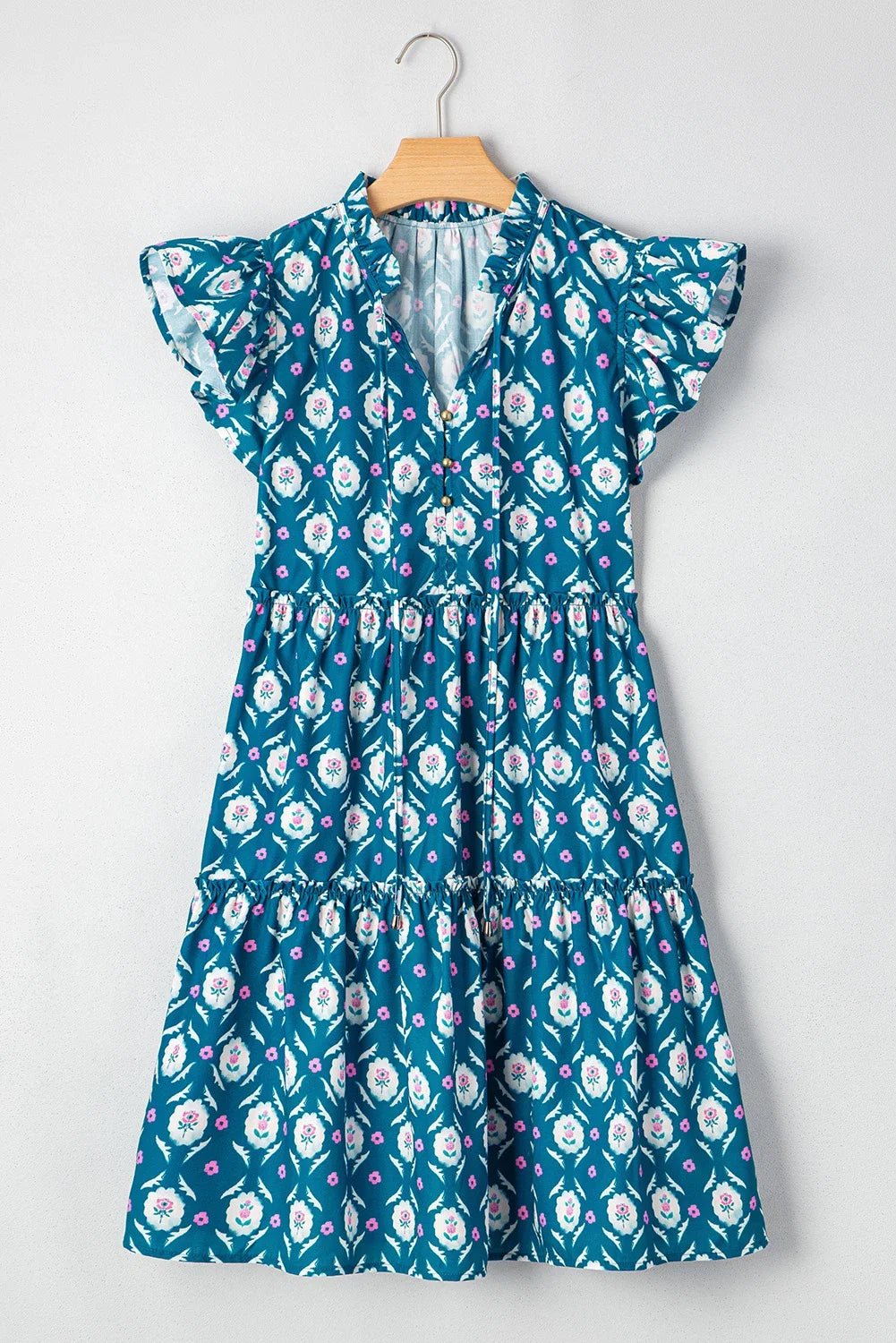 Floral Split Neck Ruffle Short Sleeve Dress - Rooted & Reckless Co.