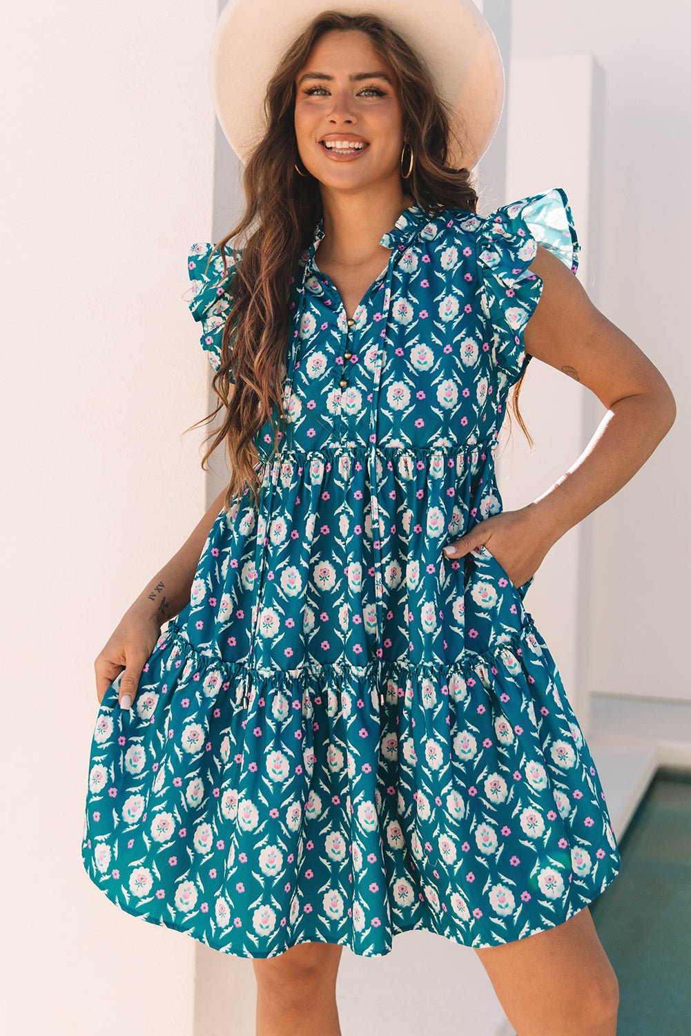 Floral Split Neck Ruffle Short Sleeve Dress - Rooted & Reckless Co.